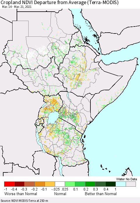 Eastern Africa Cropland NDVI Departure from Average (Terra-MODIS) Thematic Map For 3/14/2021 - 3/21/2021
