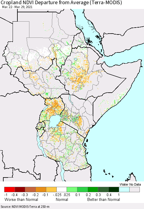 Eastern Africa Cropland NDVI Departure from Average (Terra-MODIS) Thematic Map For 3/22/2021 - 3/29/2021