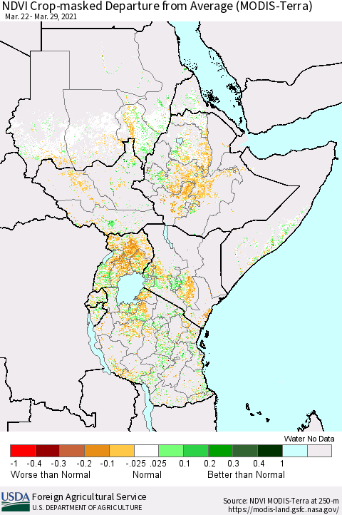 Eastern Africa NDVI Crop-masked Departure from Average (MODIS-Terra) Thematic Map For 3/21/2021 - 3/31/2021