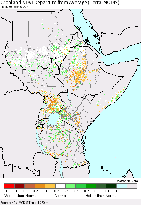 Eastern Africa Cropland NDVI Departure from Average (Terra-MODIS) Thematic Map For 3/30/2021 - 4/6/2021