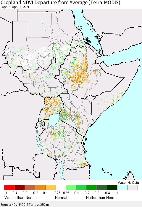 Eastern Africa Cropland NDVI Departure from Average (Terra-MODIS) Thematic Map For 4/7/2021 - 4/14/2021