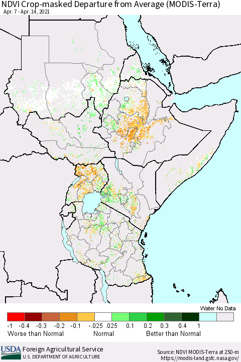 Eastern Africa Cropland NDVI Departure from Average (Terra-MODIS) Thematic Map For 4/11/2021 - 4/20/2021