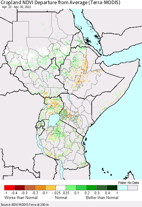 Eastern Africa Cropland NDVI Departure from Average (Terra-MODIS) Thematic Map For 4/21/2021 - 4/30/2021