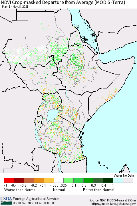 Eastern Africa Cropland NDVI Departure from Average (Terra-MODIS) Thematic Map For 5/1/2021 - 5/10/2021