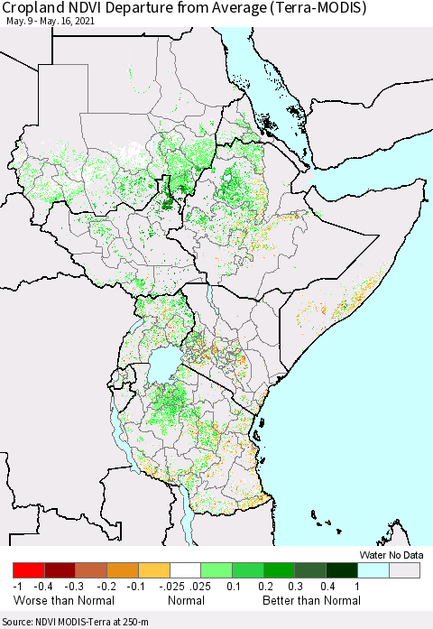 Eastern Africa Cropland NDVI Departure from Average (Terra-MODIS) Thematic Map For 5/9/2021 - 5/16/2021