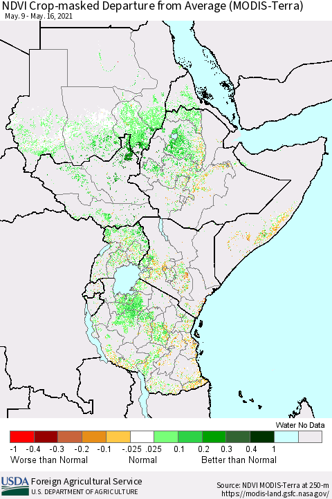Eastern Africa Cropland NDVI Departure from Average (Terra-MODIS) Thematic Map For 5/11/2021 - 5/20/2021