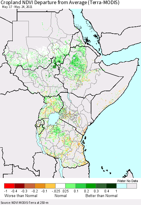Eastern Africa Cropland NDVI Departure from Average (Terra-MODIS) Thematic Map For 5/17/2021 - 5/24/2021