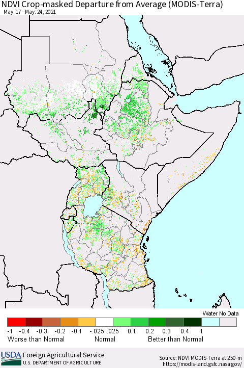 Eastern Africa NDVI Crop-masked Departure from Average (MODIS-Terra) Thematic Map For 5/21/2021 - 5/31/2021