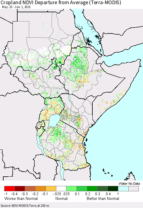 Eastern Africa Cropland NDVI Departure from Average (Terra-MODIS) Thematic Map For 5/25/2021 - 6/1/2021