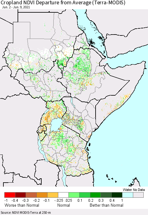 Eastern Africa Cropland NDVI Departure from Average (Terra-MODIS) Thematic Map For 6/2/2021 - 6/9/2021