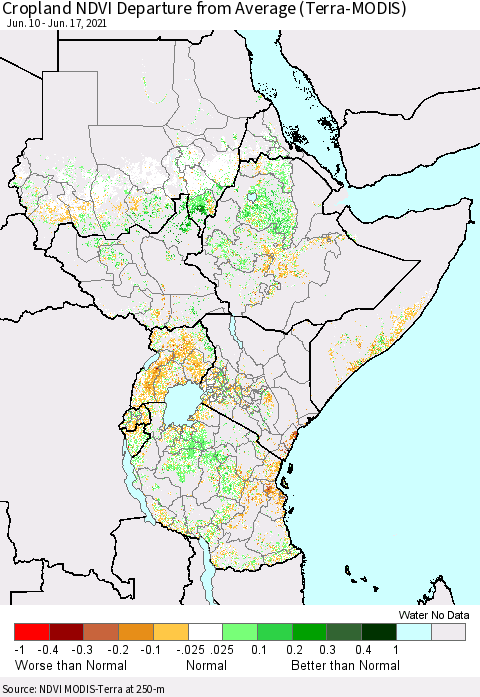 Eastern Africa Cropland NDVI Departure from Average (Terra-MODIS) Thematic Map For 6/10/2021 - 6/17/2021