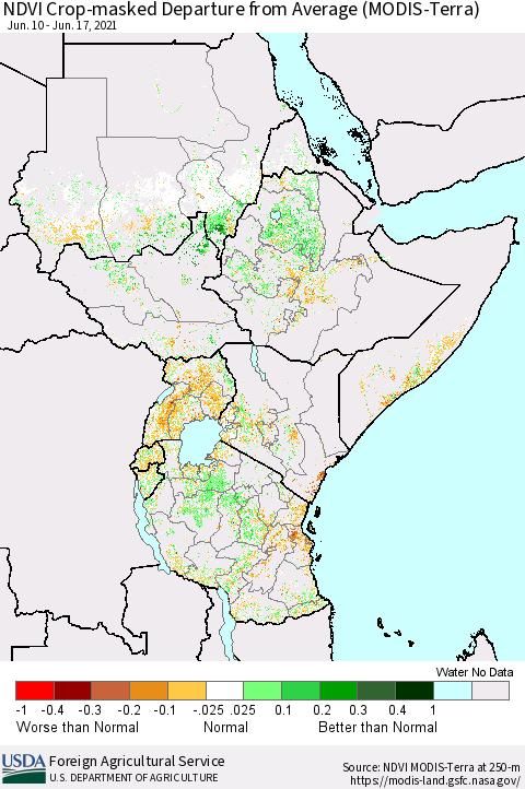 Eastern Africa Cropland NDVI Departure from Average (Terra-MODIS) Thematic Map For 6/11/2021 - 6/20/2021