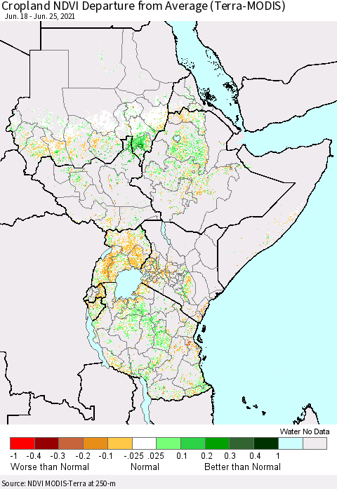 Eastern Africa Cropland NDVI Departure from Average (Terra-MODIS) Thematic Map For 6/18/2021 - 6/25/2021