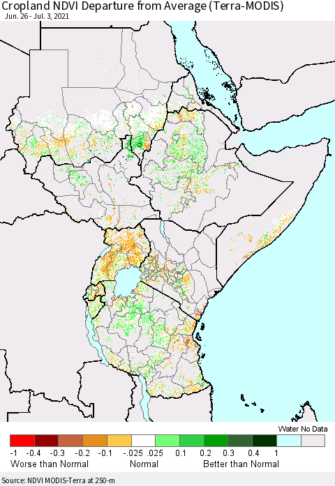 Eastern Africa Cropland NDVI Departure from Average (Terra-MODIS) Thematic Map For 6/26/2021 - 7/3/2021