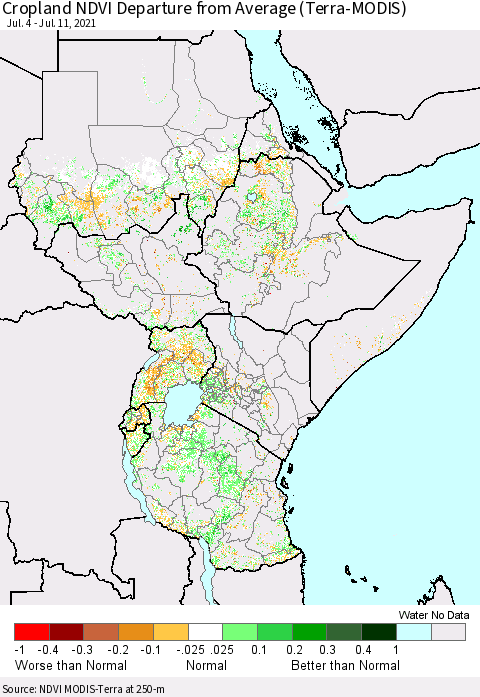 Eastern Africa Cropland NDVI Departure from Average (Terra-MODIS) Thematic Map For 7/4/2021 - 7/11/2021