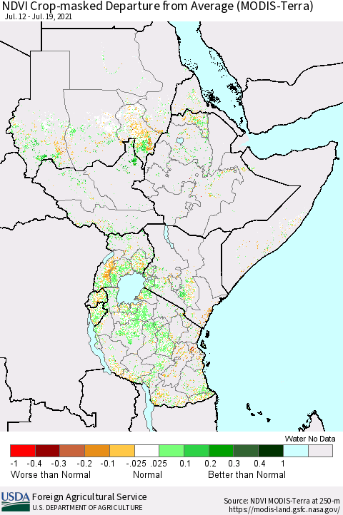 Eastern Africa Cropland NDVI Departure from Average (Terra-MODIS) Thematic Map For 7/11/2021 - 7/20/2021