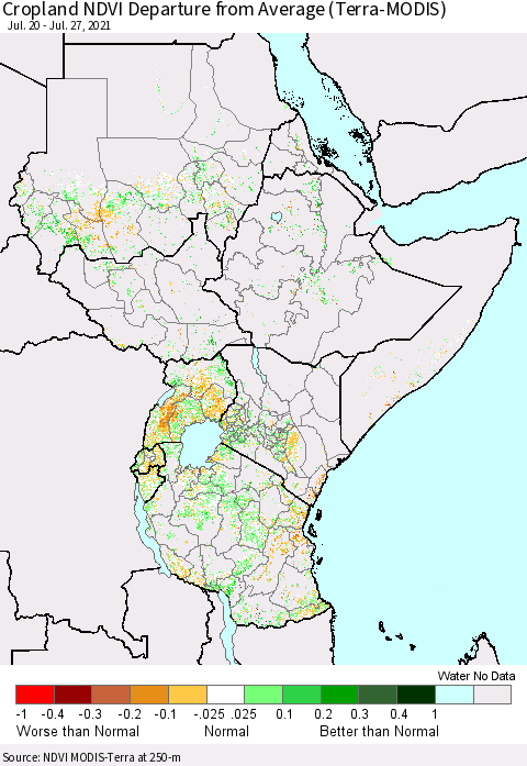 Eastern Africa Cropland NDVI Departure from Average (Terra-MODIS) Thematic Map For 7/20/2021 - 7/27/2021