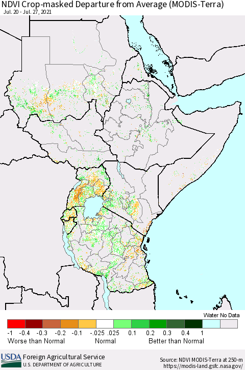 Eastern Africa Cropland NDVI Departure from Average (Terra-MODIS) Thematic Map For 7/21/2021 - 7/31/2021