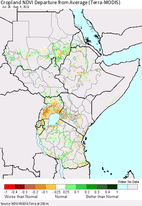 Eastern Africa Cropland NDVI Departure from Average (Terra-MODIS) Thematic Map For 7/28/2021 - 8/4/2021