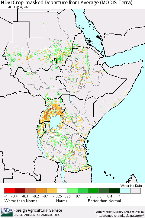 Eastern Africa Cropland NDVI Departure from Average (Terra-MODIS) Thematic Map For 8/1/2021 - 8/10/2021