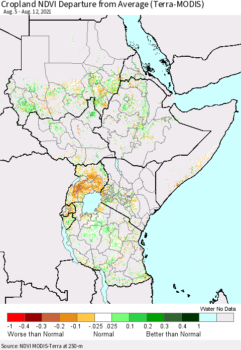 Eastern Africa Cropland NDVI Departure from Average (Terra-MODIS) Thematic Map For 8/5/2021 - 8/12/2021