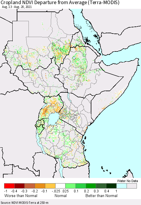 Eastern Africa Cropland NDVI Departure from Average (Terra-MODIS) Thematic Map For 8/13/2021 - 8/20/2021