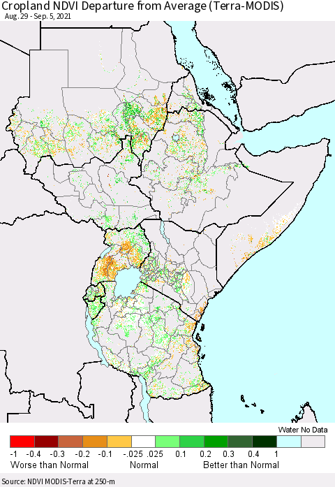 Eastern Africa Cropland NDVI Departure from Average (Terra-MODIS) Thematic Map For 8/29/2021 - 9/5/2021