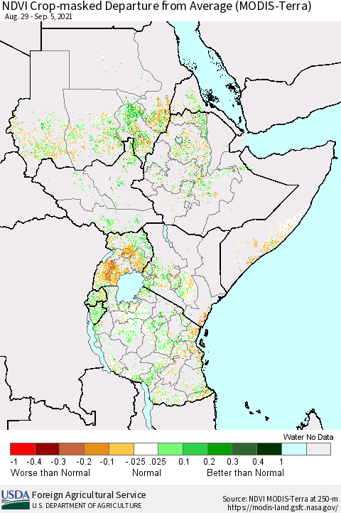 Eastern Africa NDVI Crop-masked Departure from Average (MODIS-Terra) Thematic Map For 9/1/2021 - 9/10/2021