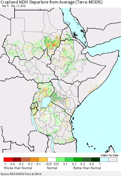 Eastern Africa Cropland NDVI Departure from Average (Terra-MODIS) Thematic Map For 9/6/2021 - 9/13/2021