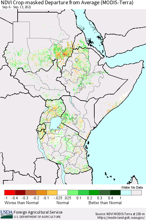 Eastern Africa NDVI Crop-masked Departure from Average (MODIS-Terra) Thematic Map For 9/11/2021 - 9/20/2021