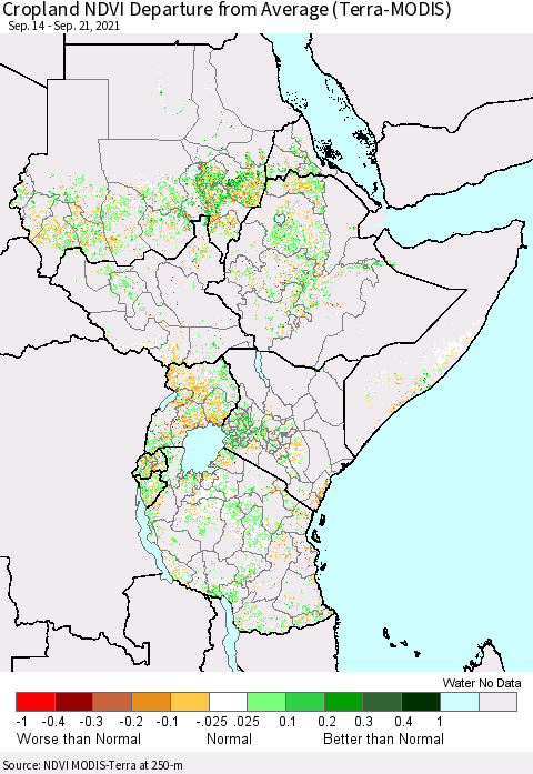 Eastern Africa Cropland NDVI Departure from Average (Terra-MODIS) Thematic Map For 9/14/2021 - 9/21/2021