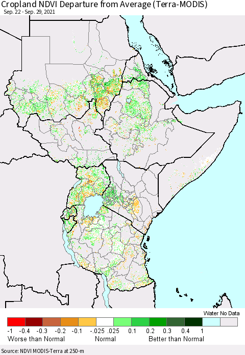 Eastern Africa Cropland NDVI Departure from Average (Terra-MODIS) Thematic Map For 9/22/2021 - 9/29/2021