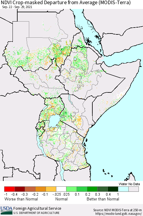 Eastern Africa Cropland NDVI Departure from Average (Terra-MODIS) Thematic Map For 9/21/2021 - 9/30/2021