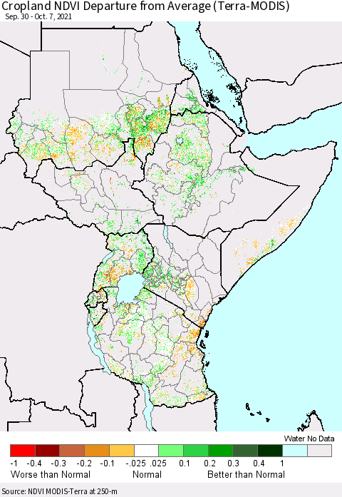 Eastern Africa Cropland NDVI Departure from Average (Terra-MODIS) Thematic Map For 9/30/2021 - 10/7/2021