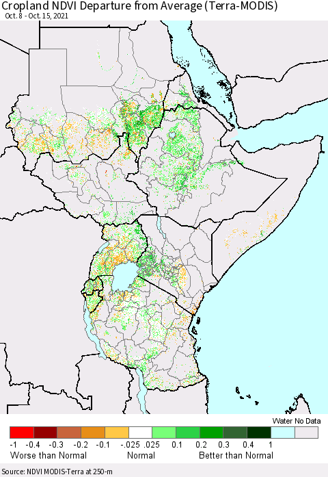 Eastern Africa Cropland NDVI Departure from Average (Terra-MODIS) Thematic Map For 10/8/2021 - 10/15/2021