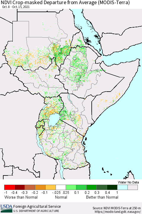 Eastern Africa NDVI Crop-masked Departure from Average (MODIS-Terra) Thematic Map For 10/11/2021 - 10/20/2021