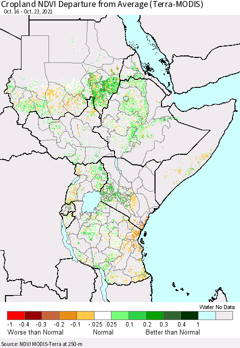 Eastern Africa Cropland NDVI Departure from Average (Terra-MODIS) Thematic Map For 10/16/2021 - 10/23/2021