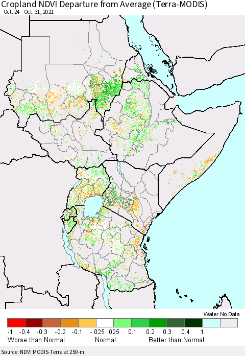 Eastern Africa Cropland NDVI Departure from Average (Terra-MODIS) Thematic Map For 10/21/2021 - 10/31/2021
