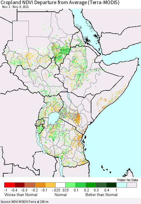 Eastern Africa Cropland NDVI Departure from Average (Terra-MODIS) Thematic Map For 11/1/2021 - 11/8/2021