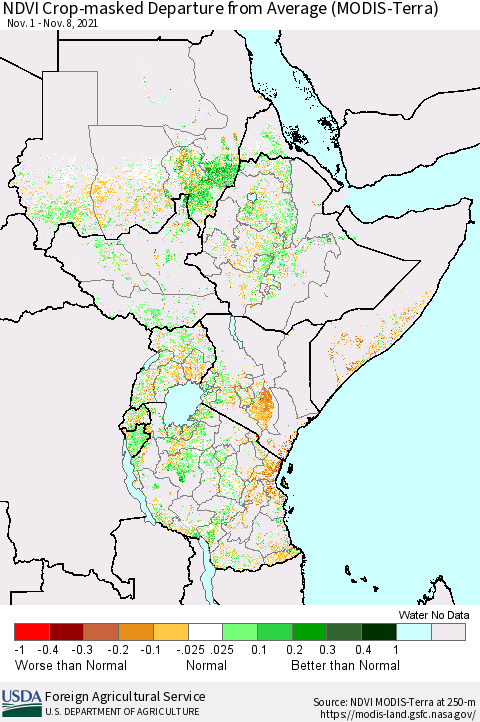 Eastern Africa Cropland NDVI Departure from Average (Terra-MODIS) Thematic Map For 11/1/2021 - 11/10/2021