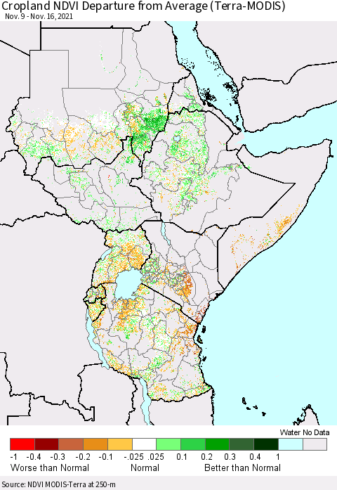 Eastern Africa Cropland NDVI Departure from Average (Terra-MODIS) Thematic Map For 11/9/2021 - 11/16/2021