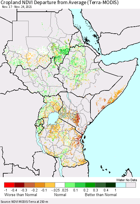 Eastern Africa Cropland NDVI Departure from Average (Terra-MODIS) Thematic Map For 11/17/2021 - 11/24/2021