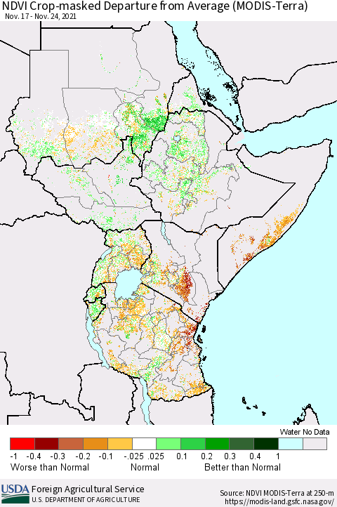 Eastern Africa NDVI Crop-masked Departure from Average (MODIS-Terra) Thematic Map For 11/21/2021 - 11/30/2021