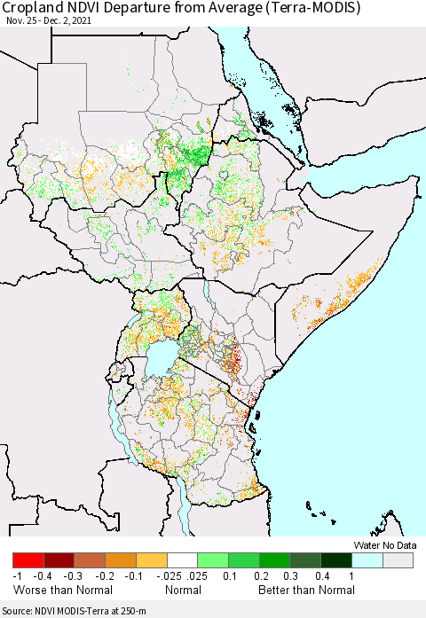 Eastern Africa Cropland NDVI Departure from Average (Terra-MODIS) Thematic Map For 11/25/2021 - 12/2/2021