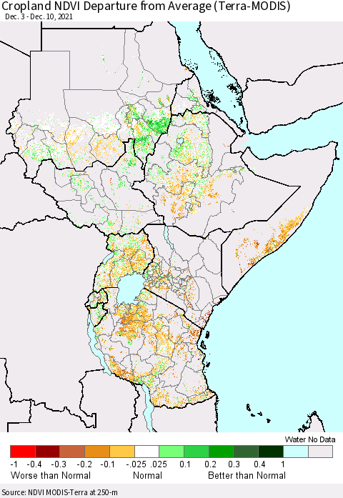 Eastern Africa NDVI Crop-masked Departure from Average (MODIS-Terra) Thematic Map For 12/1/2021 - 12/10/2021