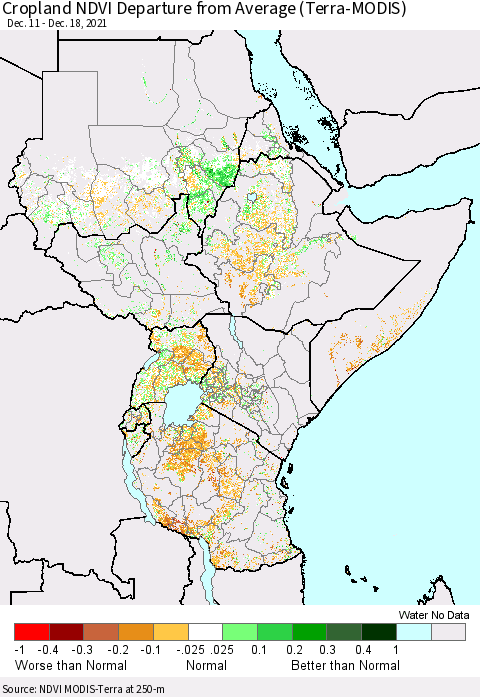 Eastern Africa Cropland NDVI Departure from Average (Terra-MODIS) Thematic Map For 12/11/2021 - 12/18/2021