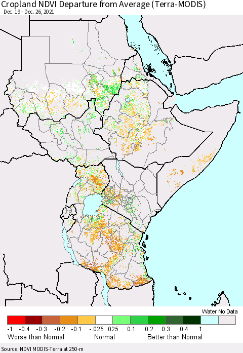 Eastern Africa Cropland NDVI Departure from Average (Terra-MODIS) Thematic Map For 12/19/2021 - 12/26/2021