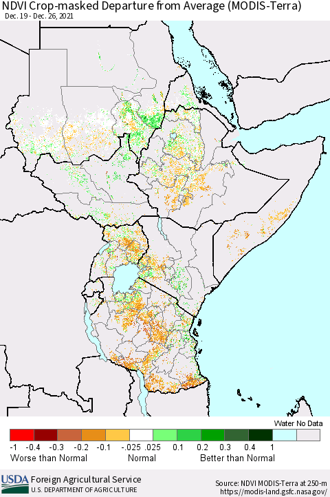 Eastern Africa NDVI Crop-masked Departure from Average (MODIS-Terra) Thematic Map For 12/21/2021 - 12/31/2021