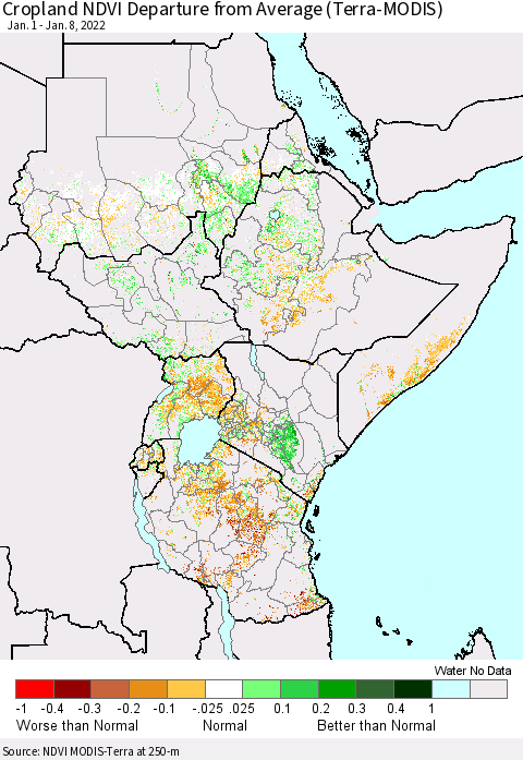 Eastern Africa Cropland NDVI Departure from Average (Terra-MODIS) Thematic Map For 1/1/2022 - 1/8/2022