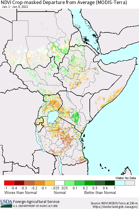 Eastern Africa NDVI Crop-masked Departure from Average (MODIS-Terra) Thematic Map For 1/1/2022 - 1/10/2022